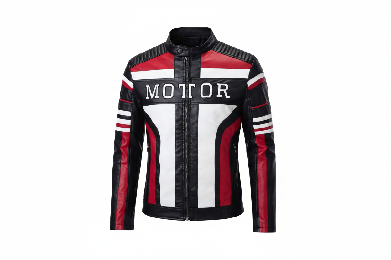 MOTOR Leather Motorcycle Jacket Black Red White