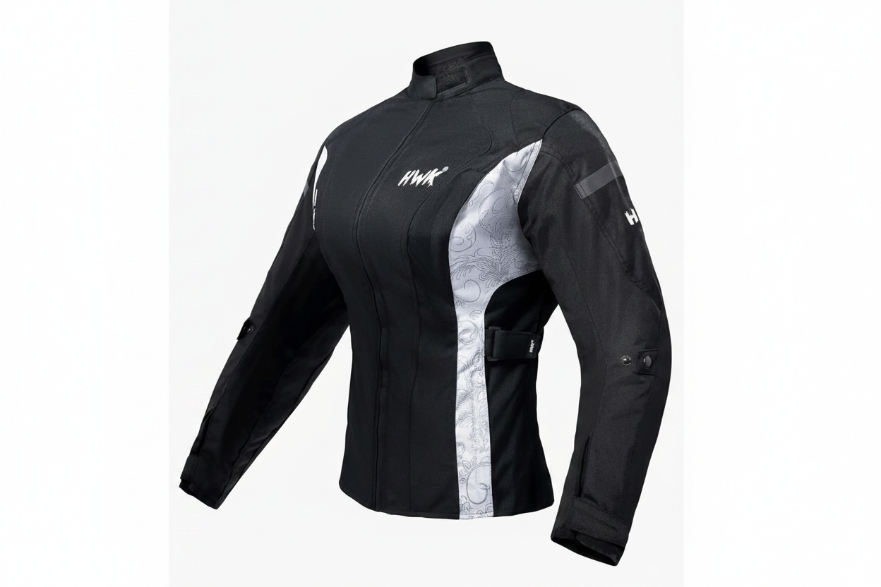 HWK Women's Motorcycle Textile Jacket Black Silver Floral Front View