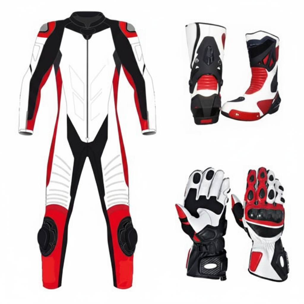Eagle Moto MotoGP One-Piece Leather Racing Suit Gloves and Boots Bundle White Red Black