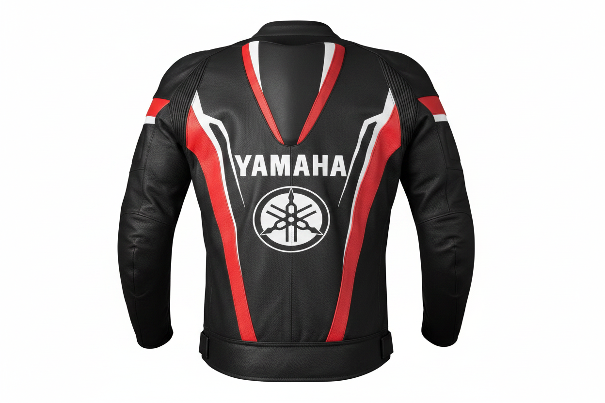Yamaha Tuning Fork Leather Motorcycle Jacket Back View Black Red