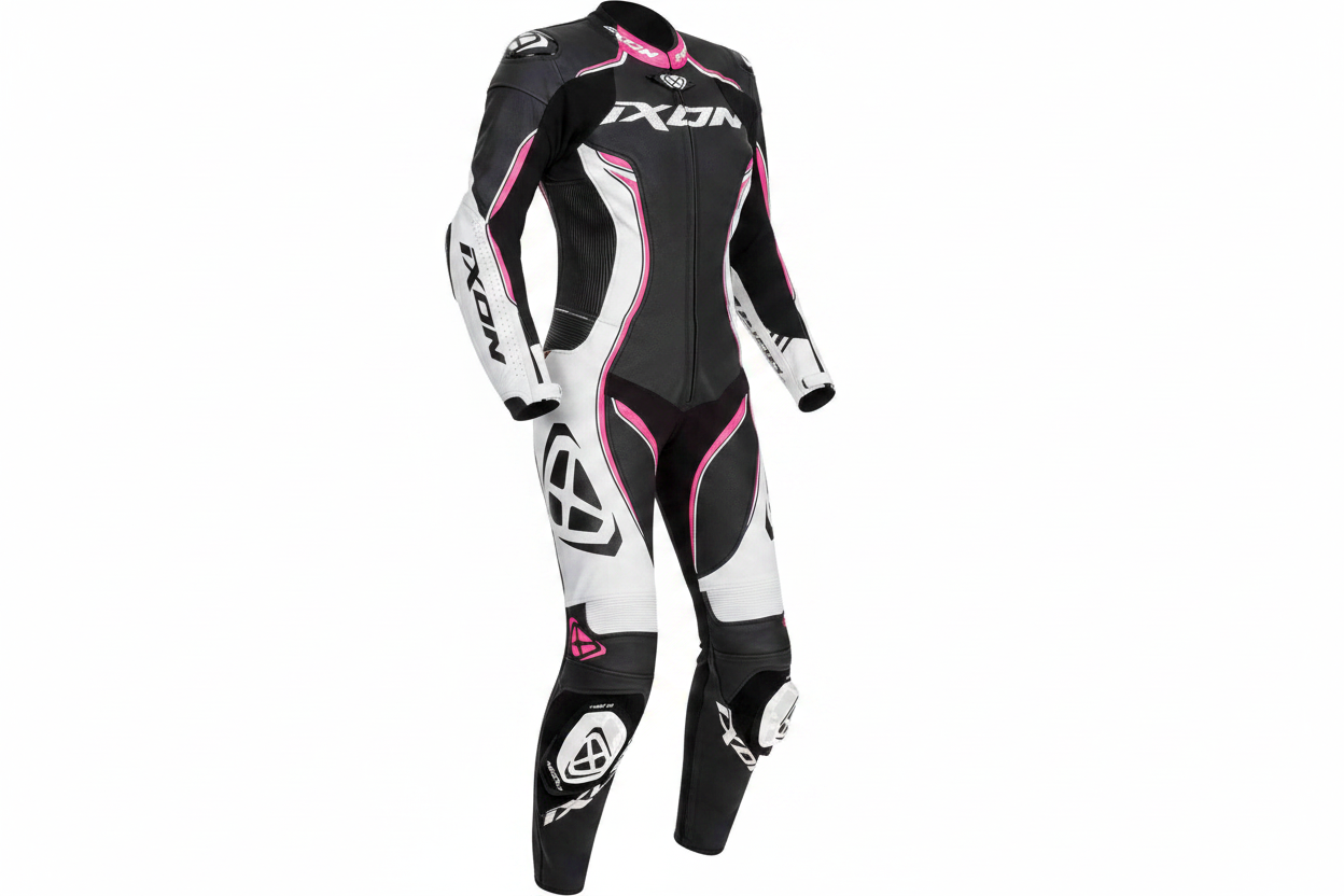 IXON Women's Black White Pink Leather Motorcycle Racing Suit Front View