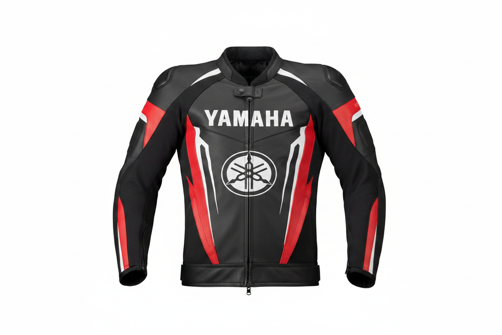 Yamaha Tuning Fork Leather Motorcycle Jacket Front View Black Red
