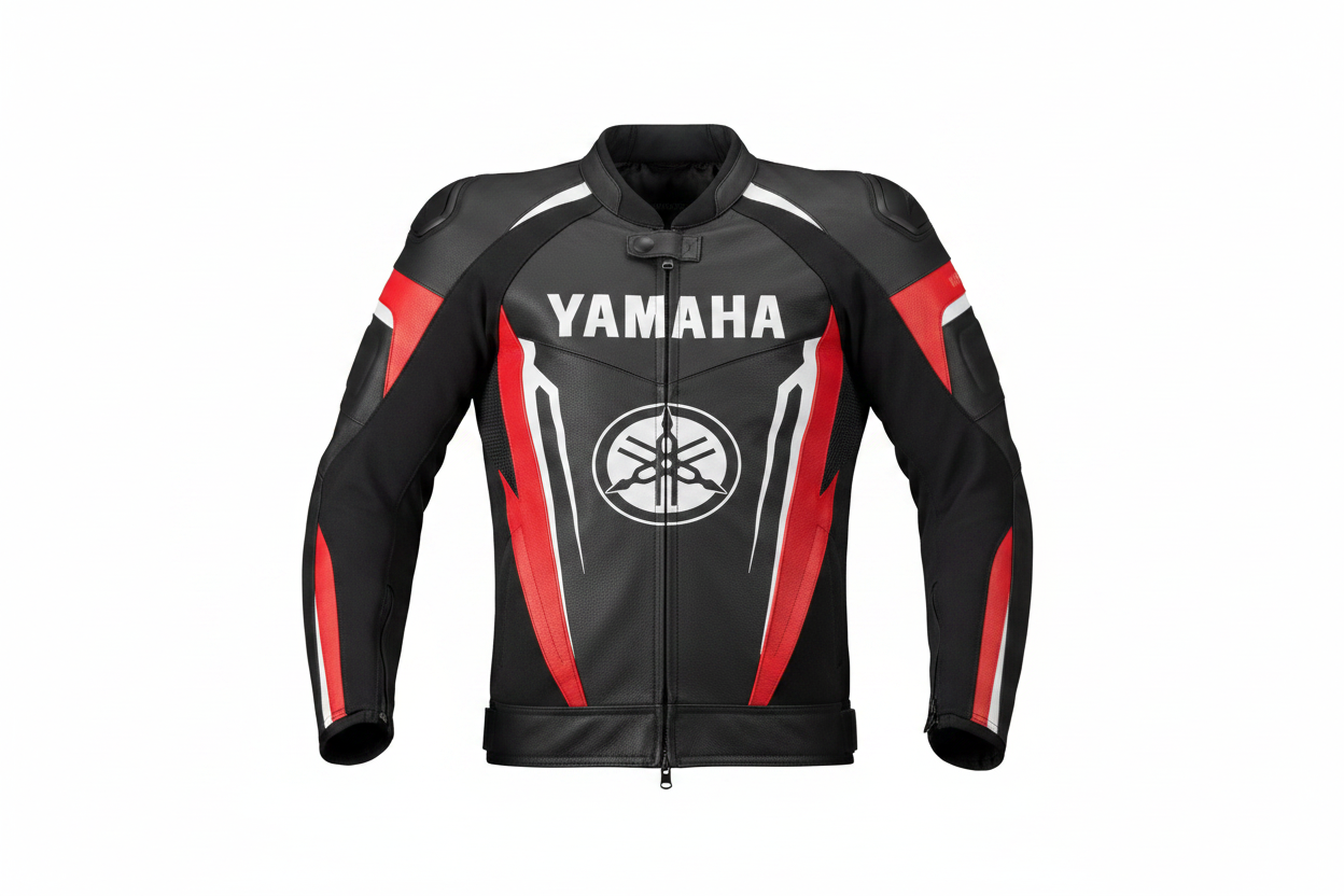 Yamaha Tuning Fork Leather Motorcycle Jacket Front View Black Red