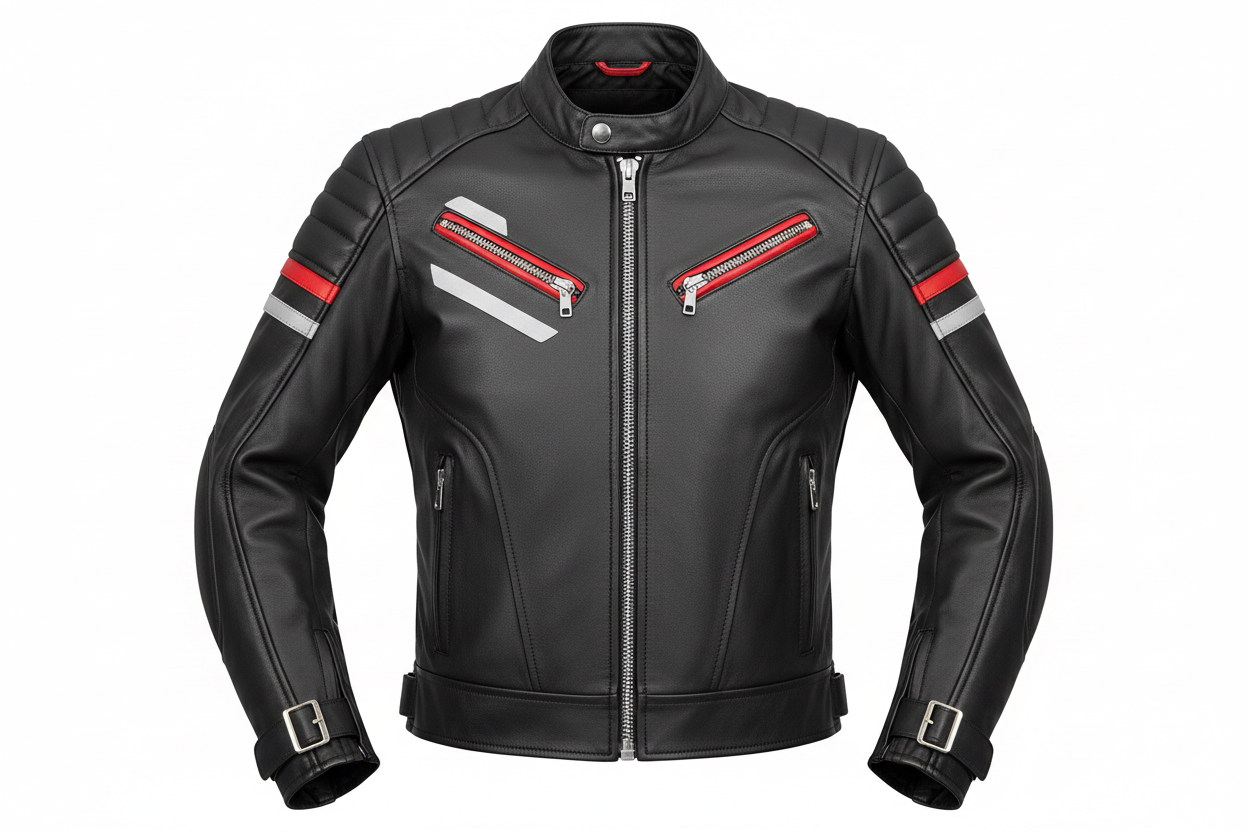 Premium Sport Leather Motorcycle Jacket Black Red Silver Accents