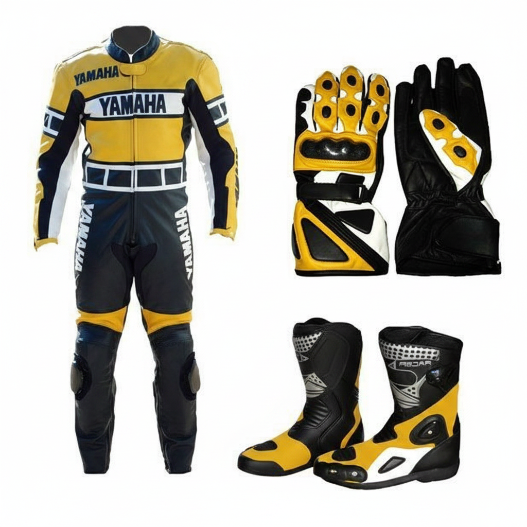 Eagle Moto Leather Racing Bundle – Yellow Black White Motorcycle Suit Gloves and Boots