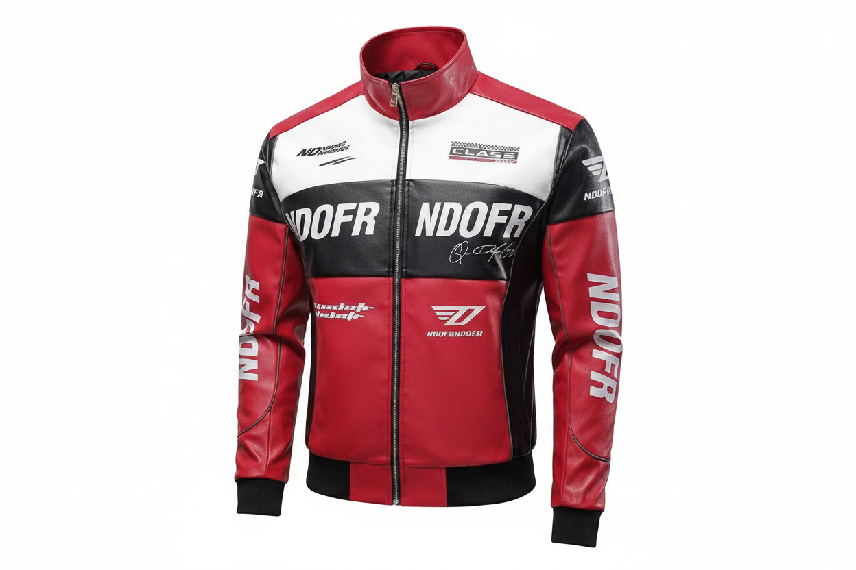 Ndofr Racing Leather Bomber Jacket Red Black White Front View