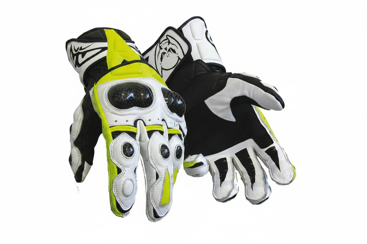 Bulldog Motorcycle Racing Gloves Neon Yellow White Black Carbon Fiber Knuckle Premium Leather Pair