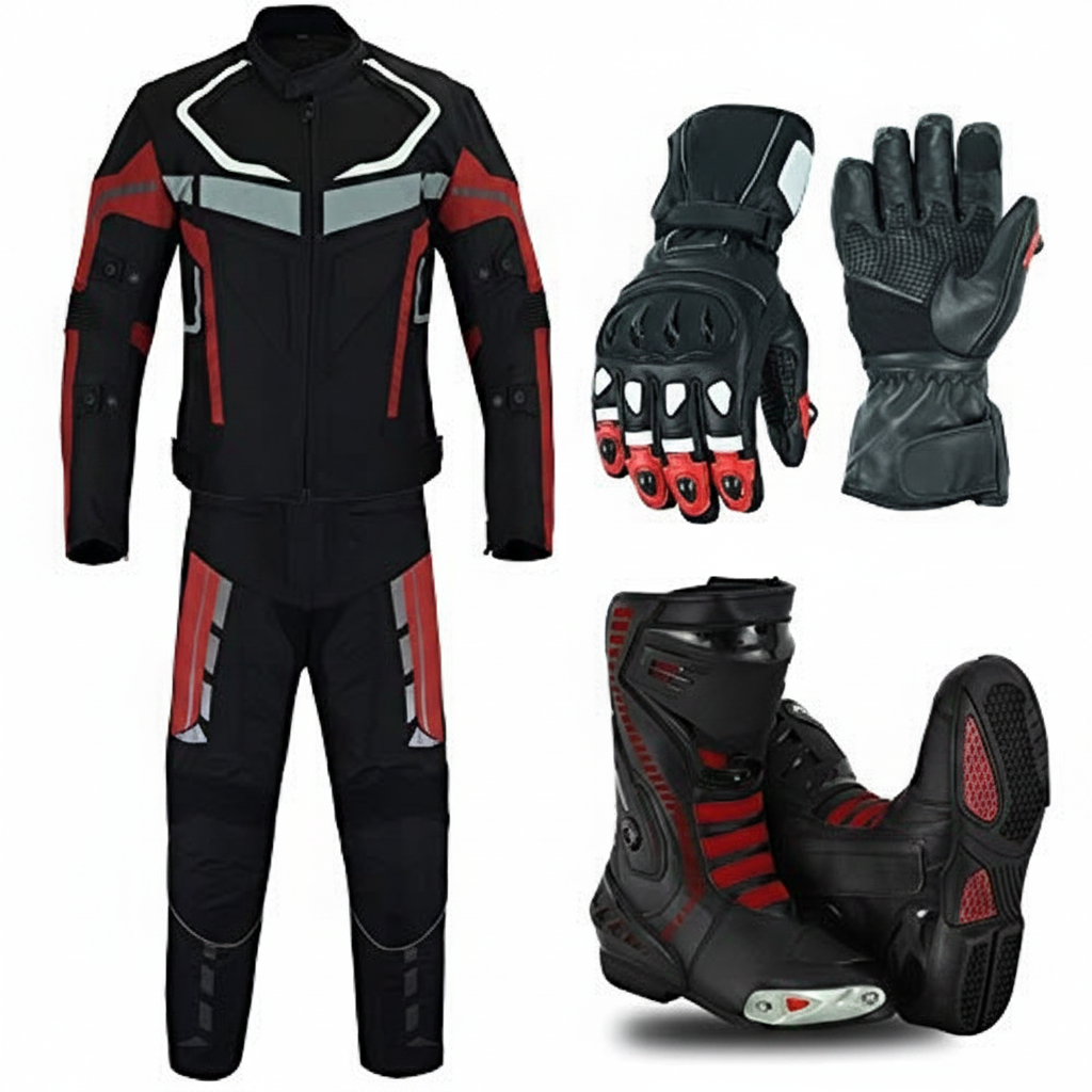 Eagle Moto Sport Rider Bundle – 2-Piece Textile Suit Gloves and Boots Black Red Grey