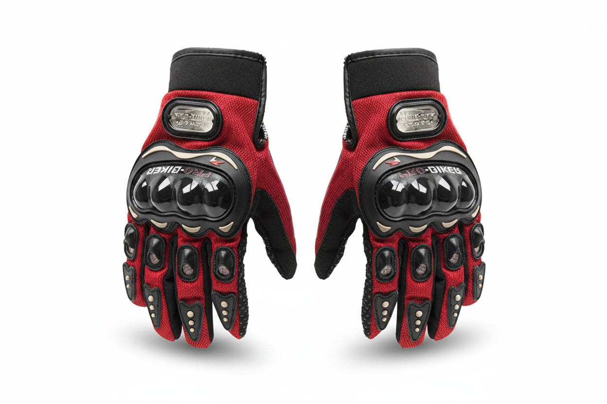 Pro-Biker Motorcycle Gloves Red Black Hard Knuckle Dome Armor Full Finger