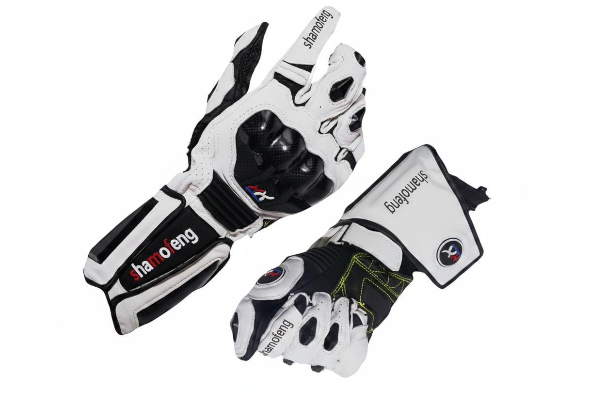 Shannofeng Motorcycle Racing Gloves White Black Premium Leather Pair