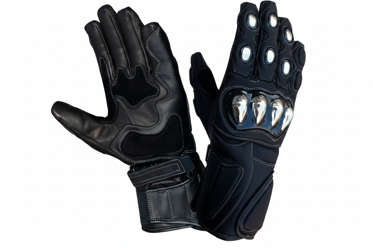 Eagle Moto All Black Motorcycle Racing Gloves Triple Chrome Dome Knuckle Premium Leather Pair