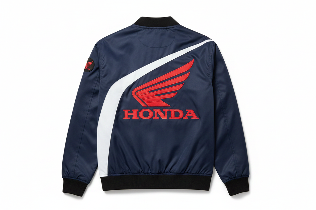 Honda Wing Bomber Motorcycle Jacket Back View Navy Blue White Red