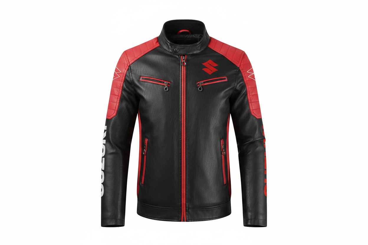 Suzuki S Leather Motorcycle Jacket Front View Black Red