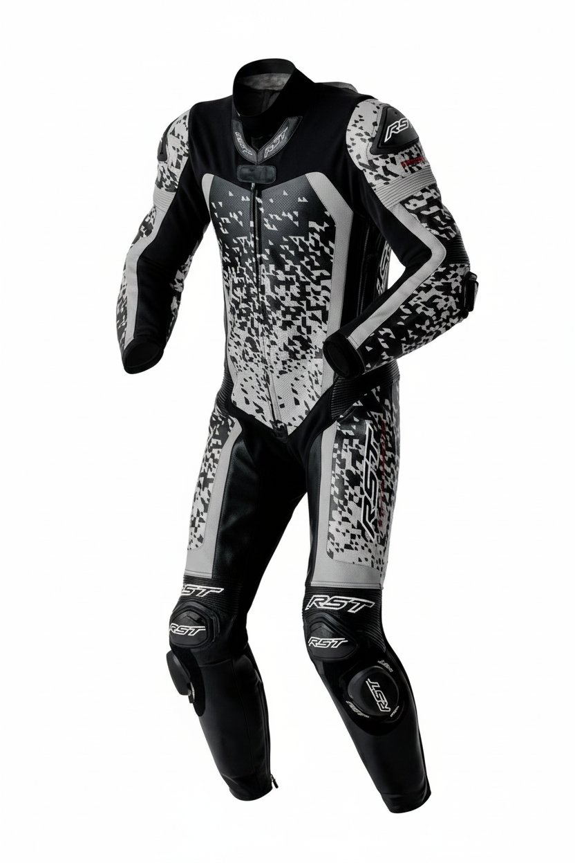RST Pro Series D3O Airbag Men's One-Piece Motorcycle Racing Leather Suit Black Silver Digital Camo