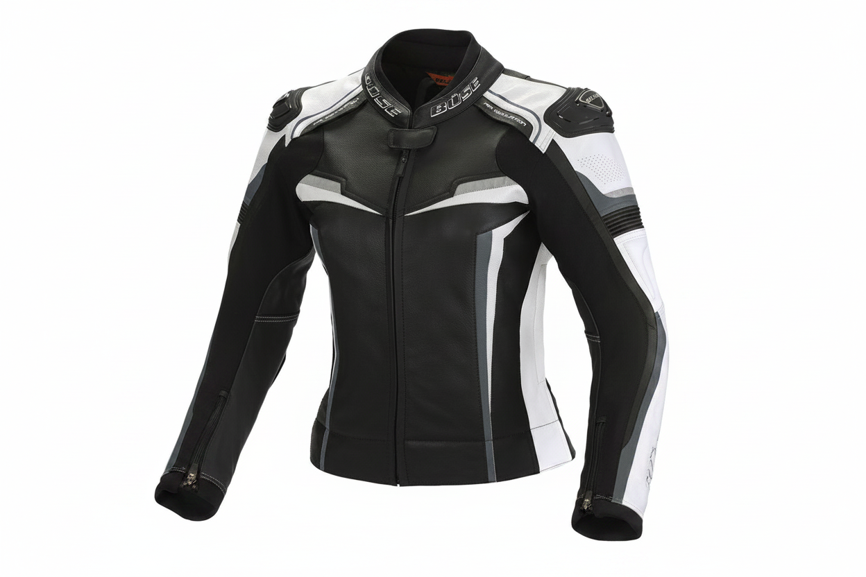 Büse Revolution Women's Leather Motorcycle Jacket Black White Grey Front View