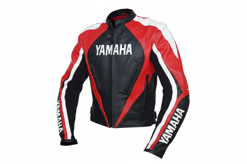 Yamaha Racing Leather Motorcycle Jacket Front View Black Red White