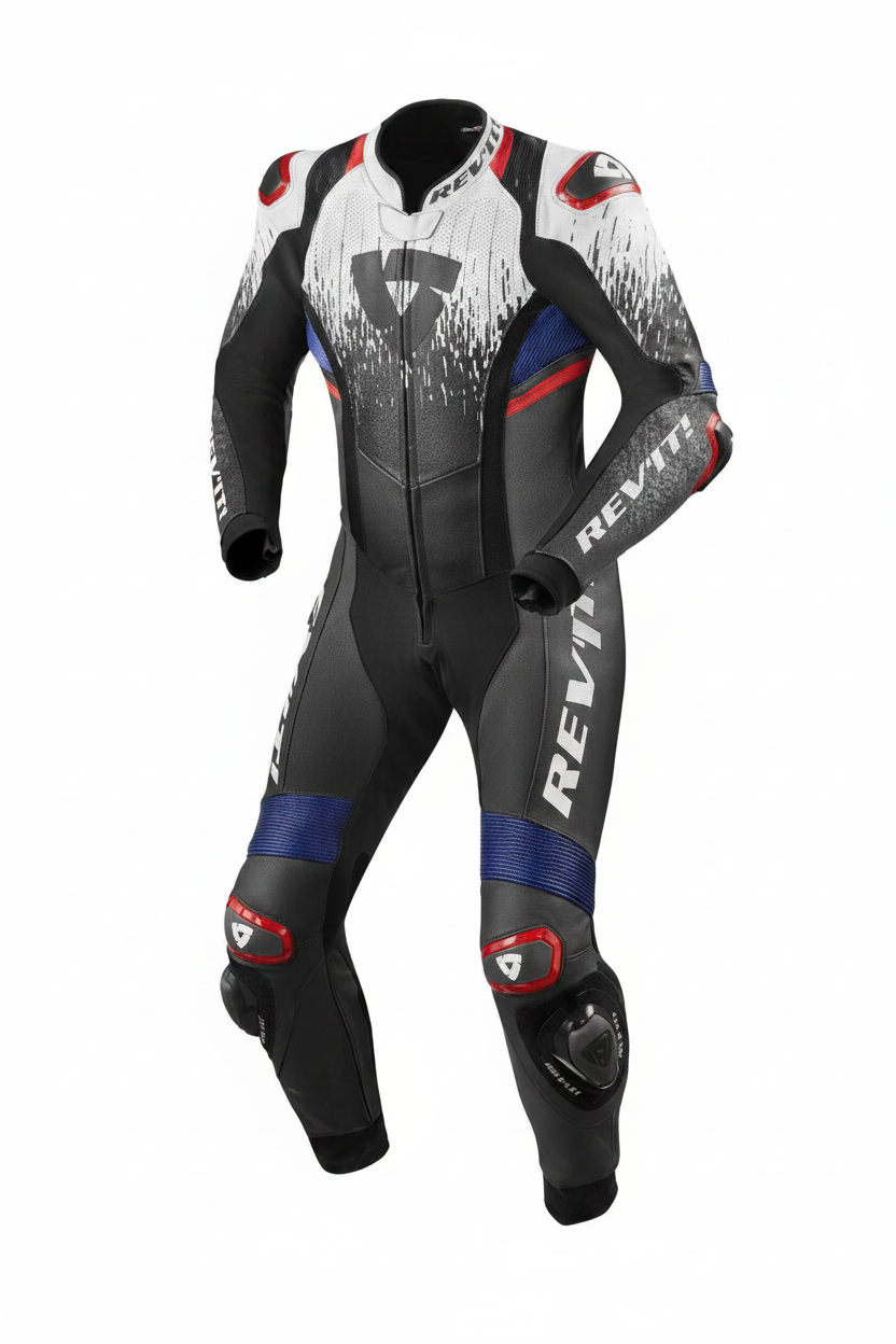 REV'IT! Quantum 2 Men's One-Piece Motorcycle Racing Leather Suit Black White Blue Red Clean