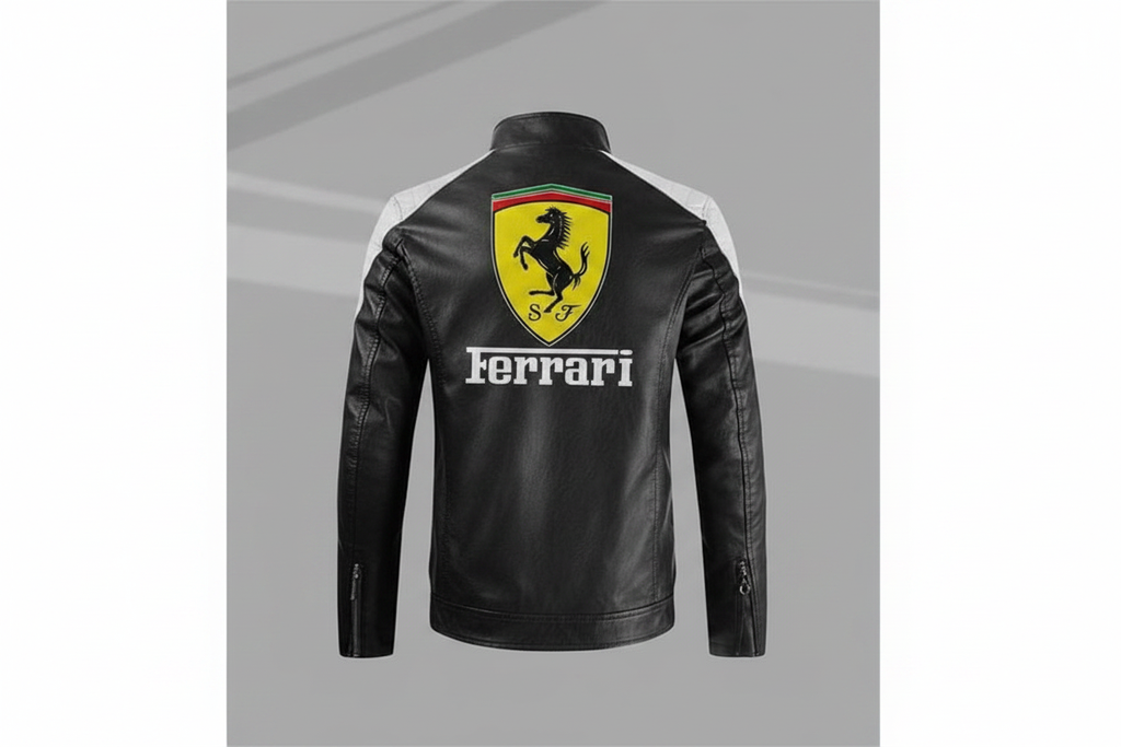 Ferrari Scuderia Leather Motorcycle Jacket Back View Black White
