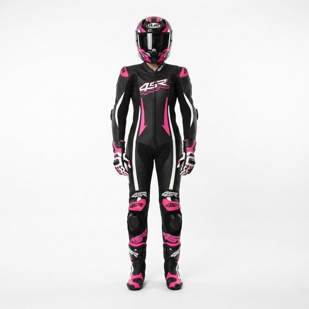 4SR Women's Leather Motorcycle Racing Suit – Black, Pink & White