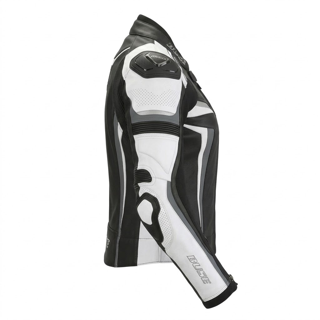 Büse Revolution Women’s Leather Motorcycle Jacket – Black/White/Grey
