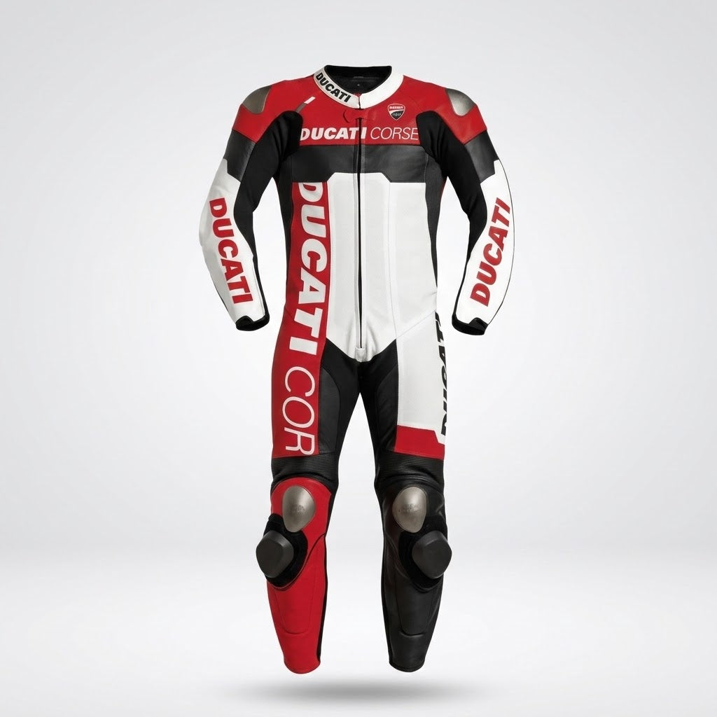 Ducati Corse Leather Racing Bundle – Suit, Gloves & Boots | White/Red/Black